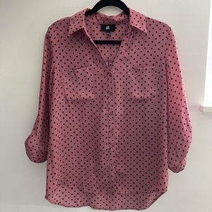 Pink with black dots button down 3/4 sleeve blouse